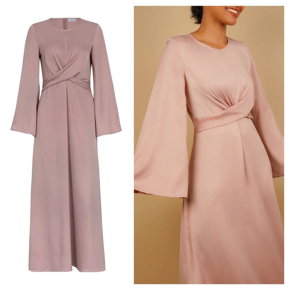 Amariah Size Large L Rose Pink Aphrodite Satin Long Sleeve Modest Maxi Dress